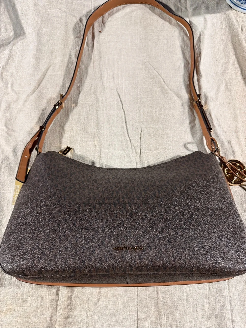 Michael Kors Brown Signature MK Logo Hobo Bag with Gold Hardware NWT